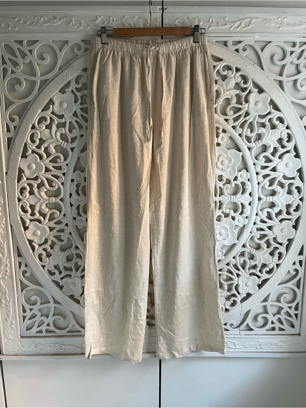 Ardene Linen Blend Wide Leg Drawstring Pants Oatmeal Beige Women’s Medium